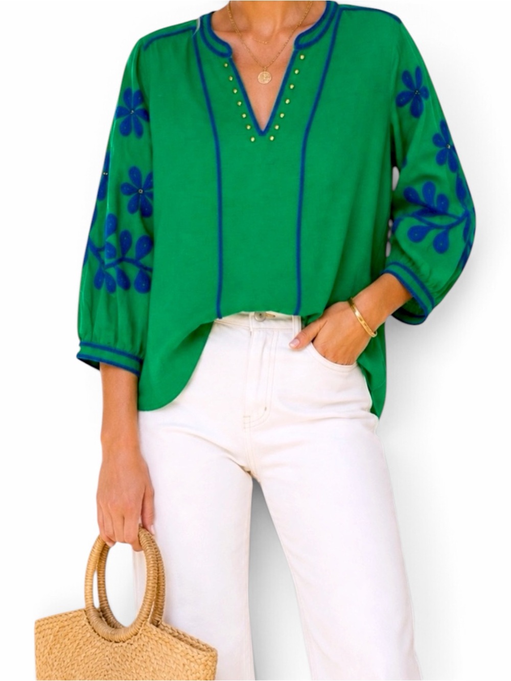 Tru Luxe Jeans Embroidered Floral Blouse Gold Studded NWT